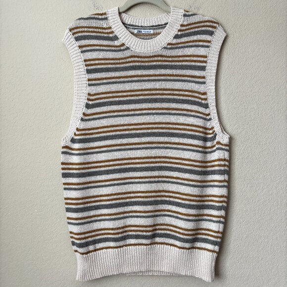Zara Striped Knit Longline Fall Sweater Vest Academia - Picture 1 of 8